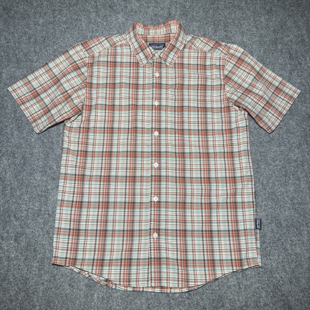 Patagonia Organic Cotton Button Up Shirt Men Small Orange Plaid Pocket Coastal